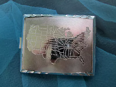 Vtg. Cigarette Case Silvertone Metal W/ Maps Of USA And GERMANY • $21.95