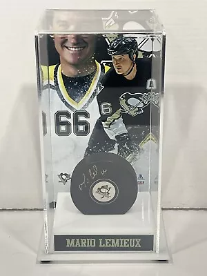 Mario Lemieux Signed Pittsburgh Penguins Logo Hockey Puck W/Tall Display Case • $349.95