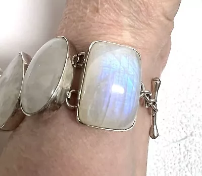 Rainbow Moonstone Bracelet 925 Sterling Silver Shapes Lg Heavy 68g Opal Unique • $209.99