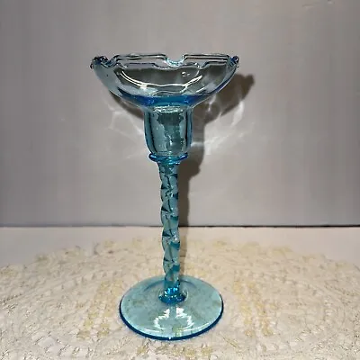 Vintage Blown Glass Blue Ruffled Twisted Glass Candle Stick Holder • $11.99