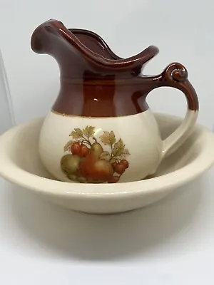 Vintage MCCOY Art Pottery 7515 PITCHER & BASIN Bowl Cream Brown With Fruit Motif • $13.95