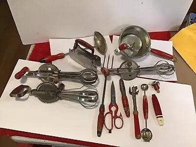 Lot Of 13 Vintage Red Handle Kitchen Tools Beaters Fork Spoon Utensils & More. • $10.50