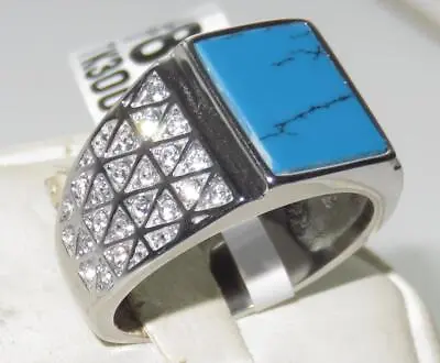 Mens Turquoise Ring Blue Cz Signet Pinky Emerald Cut Stainless Steel New 3004 • £20.99