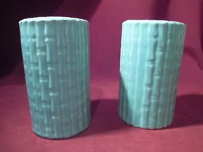 Pair Of Vintage Shawnee Aqua Glazed Faux Bamboo Cylinder Vases Marked USA • $95