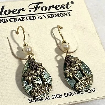 NOS Silver Forest Palm Tree Earrings Green Enamel Pearl Bead Dangle Orig Card • $17.95