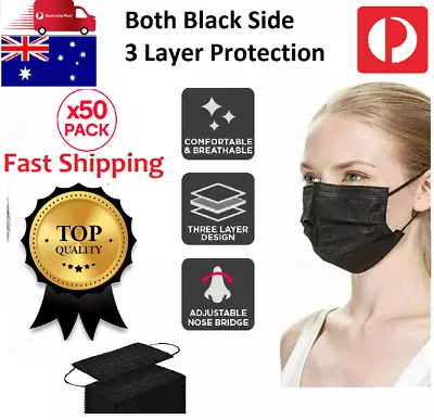 Black Disposable Face Mask Non-Surgical Face Mask CE Certified 3PLY 50/100pcs • $14.90