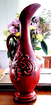 Vintage Haeger Pottery #8097 18  Tall Deep Red Raised Leaves Decorative Ewer • $48.95