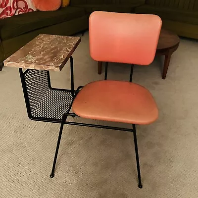 Vintage Mid Century MCM Pink Vinyl Gossip Bench Telephone Table Desk Iron Metal • $450