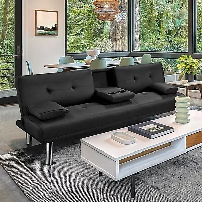 Black Fabric Futon Sleeper Sofa Bed: Modern Recliner Couch With Cupholders • $209.99