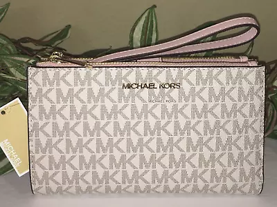 Michael Kors Jet Set Travel Double Zip Wallet Phone Case Wristlet Vanilla Pink • $74.99