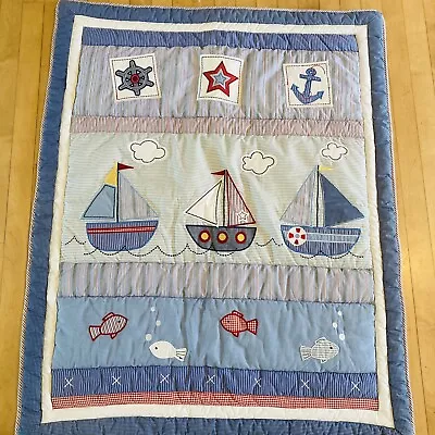 Crib Quilt Comforter Blue Red Sailboats Fish Nautical 35  X 42  Excellent • $26.49