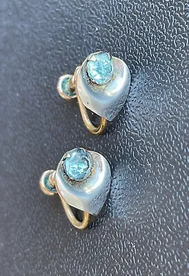 Vintage Van Dell 12K Gold Filled Screw Back Earrings Lily With Aqua Rhinestone E • $16.95