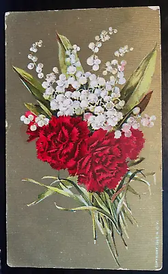 Vintage Victorian Postcard 1908 - Red Carnations On A Gold Card • $8