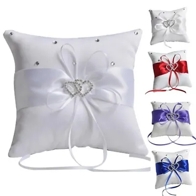 Bridal Wedding Ceremony Ring Bearer Pillow Cushion Crystal Heart Ribbons New • £6.86