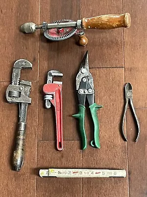LOT Of (6) VINTAGE TOOLS Hand Crank Drill Wrenches Pliers Tin Snips Measure • $39.99
