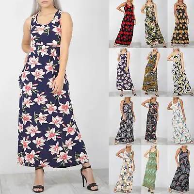 Ladies Womens Muscle Back Racer Floral Printed Pockets Long Vest Maxi Long Dress • £5.99