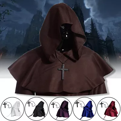 Unisex Medieval Monk Hat Halloween Witch Hooded Cape Cloak Pagan Cosplay Black • £13.19