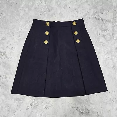 J. Crew Navy Sailor Skirt In Double Serge Wool Pleats Gold Buttons Size 0 • £28.49