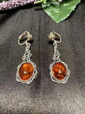 Baltic Honey Amber Sterling Silver Vintage Clip Dangle Earrings • $49.95