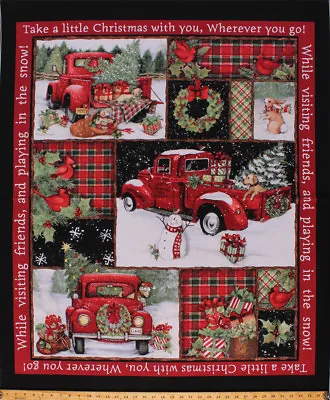36  X 44  Panel Red Trucks Christmas Collage Holiday Cotton Fabric Panel D400.03 • $12.95