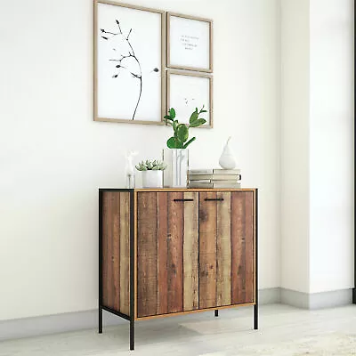 TAD | Stretton Rustic Industrial Oak Effect 2 Door Sideboard Storage Cupboard • £123.99