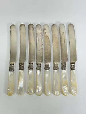 Set Of 8 Vintage Meriden Cutlery #12 Mother Of Pearl Handle/Sterling Band Knife • $119.90