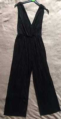 Oh My Love Black Fine Pleat High Elastic Waist Crop Wide Leg Jumpsuit M-L VGC • £14