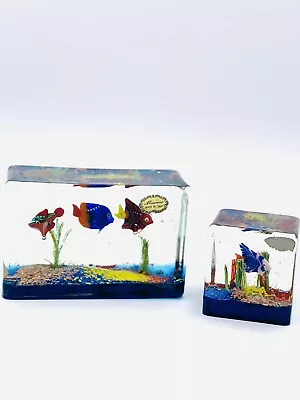 Wonderful Murano Art Glass Aquarium Paperweights Set Of 2 Block Style With Label • $278