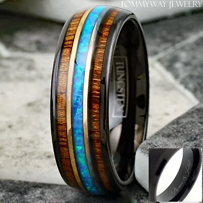 Engraved 8mm Black Tungsten Koa Wood W/ Hawaiian Blue Opal Men's Band Ring • $23.99