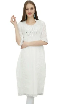 $42.89 • Buy Bimba Women's White Georgette Embroidered Dress Kurti Indian Kurta Clothing