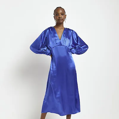 River Island Womens Swing Midi Dress Blue Satin Long Sleeve V-Neck Batwing • £10