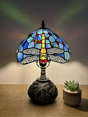 Tiffany Style Mini Table Lamp Sky Blue Stained Glass Dragonfly LED Bulb H14W10” • $125.99