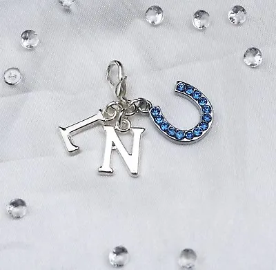 £4.75 • Buy Something Blue Crystal Horse Shoe & Two Letters Bride Gift Garter Clip On Charm