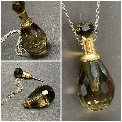 Mini Bottle Essential Oil Bottle Pendant Necklace Perfume Vial Smoky Faceted 24” • $32.50