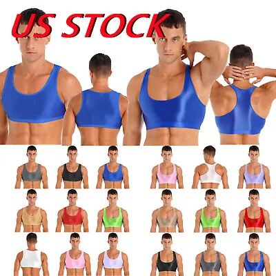 US Men Sports Bra Crop Tank Top Vest Shiny Glossy Y-Back Fitness Muscle T-Shirt  • $7.56