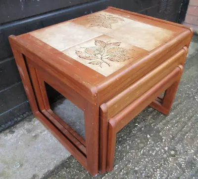 Set Of 3 Vintage 1970/80S Sunelm Leaf Tile Topped Nest Tables Teak Wood Danish • £59