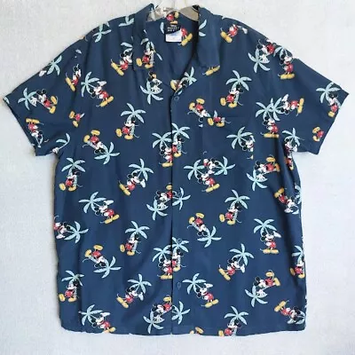 Disney Mickey Mouse Mens XL Blue Multi Hawaiian Palm 100% Rayon Button Shirt • $29.99