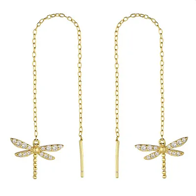 £13.95 • Buy 9ct Yellow Gold On Silver Dragonfly Pull Through Drop Earrings - Diamond Set