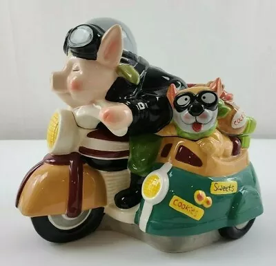 Cookie Jar With Pig On Motorcycle Dog In Side Car Hand Painted  • $39.95