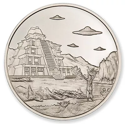 UFOs Over Tenochtitlan Aztec Pyramid Mexico 1 Oz 999 Silver Round Aliens - JP393 • $37.95