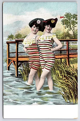 Vintage Antique C1910 Striped Bathing Suit Postcard Two Ladies By The Dock • $6.99