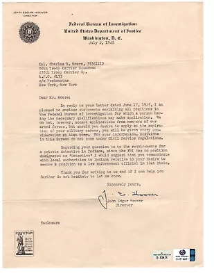 J. Edgar Hoover Signed Letter 1945 / FBI Director Autographed • $48.99