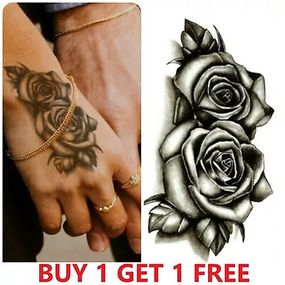 £2.49 • Buy Black Double Roses Flower Temporary Tattoo Fake Sticker Women Men Arm Neck Press