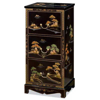 US Seller - Black Lacquer Chinoiserie Scenery 3 Drawer Oriental File Cabinet • $998