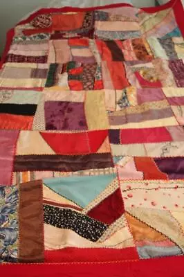 Vintage Crazy Quilt With Red Border And Silk Fabrics 47  X 71  • $59.99