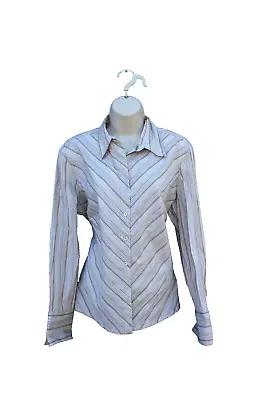 DCC MISSY LARGE Womens Brown White Metallic Stripe Fitted STRETCH Button Shirt • £4.41
