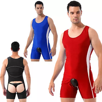 Mens Open Butt Leotard T-Shirt Shorts Bodysuit Workout Wrestling Singlet Shorts  • £17.89