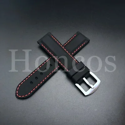 $13.99 • Buy 24 MM Black Rubber Silicone Soft Watch Band Strap Heavy Duty Red Stitching Lined