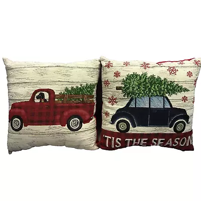 Set Of 2 17x17 Vintage Christmas Throw Pillows Tis The Season Red Truck Tree • $21.88