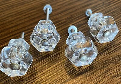 4 Antique Vintage Clear Crystal Glass Cabinet Knobs Drawer Pulls 1 1/4  6 Sided • $25.50